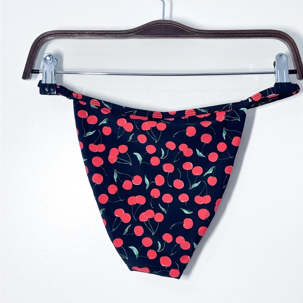Good American Cherry Print Black Red Perfect Fit Bikini Swimsuit Bottoms Small